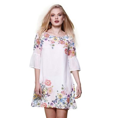 Ivory floral print flared sleeve tunic dress